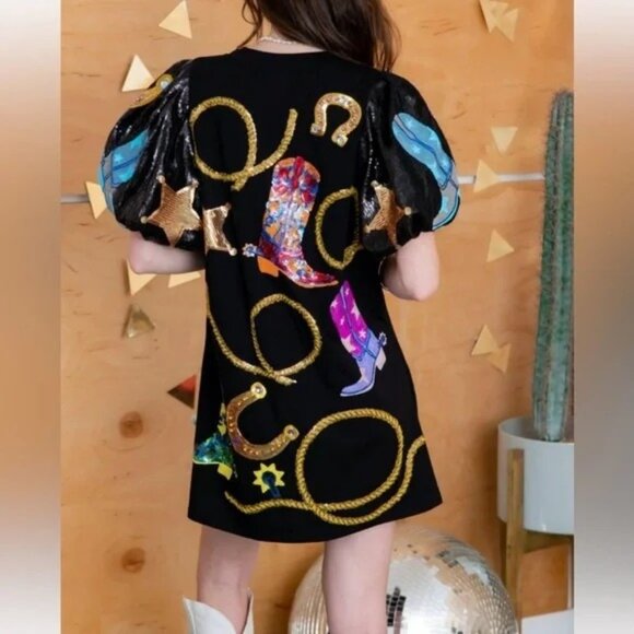 EUC, Medium, Queen of Sparkles, Black Sequin Cowgirl Icon Tunic Dress - Picture 5 of 9